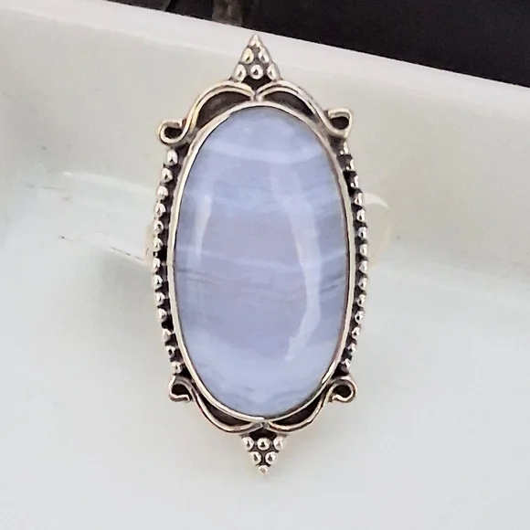 BLUE LACE AGATE RING 925 STERLING SILVER SIZE 7